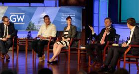 From left: Steven Livingston, Adam Conner, Rebekah Tromble, Neil Johnson and Jack Nassetta discuss how digital interactions affect political discourse.